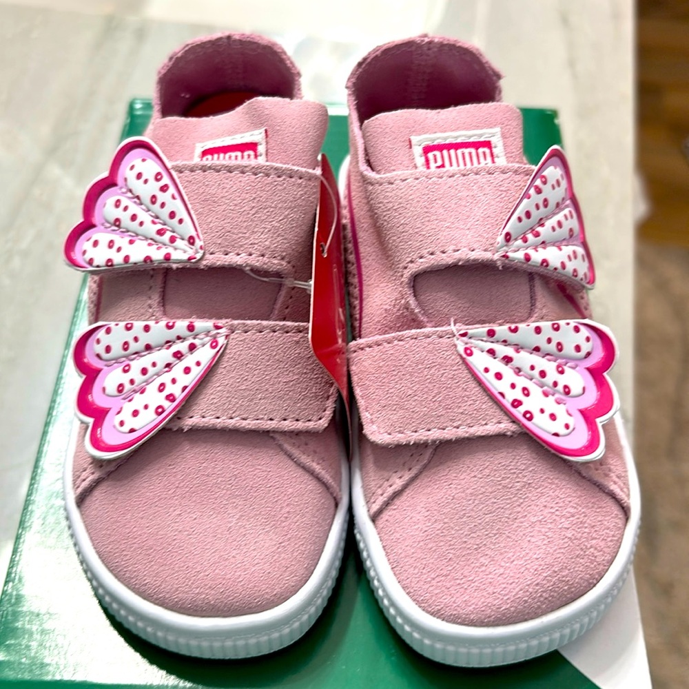 NWT in the box- Puma Pink suede velcro sneakers with butterfly wings. Size 7C
